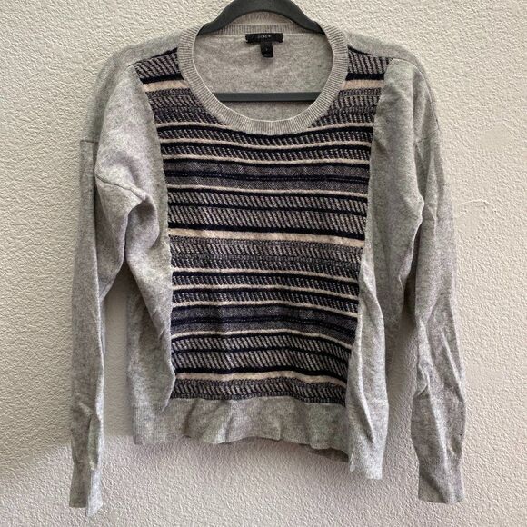 J.Crew Textured Stripe Wool Angora Rabbit Hair Sweater Grey Black 08423 Large - Picture 1 of 4